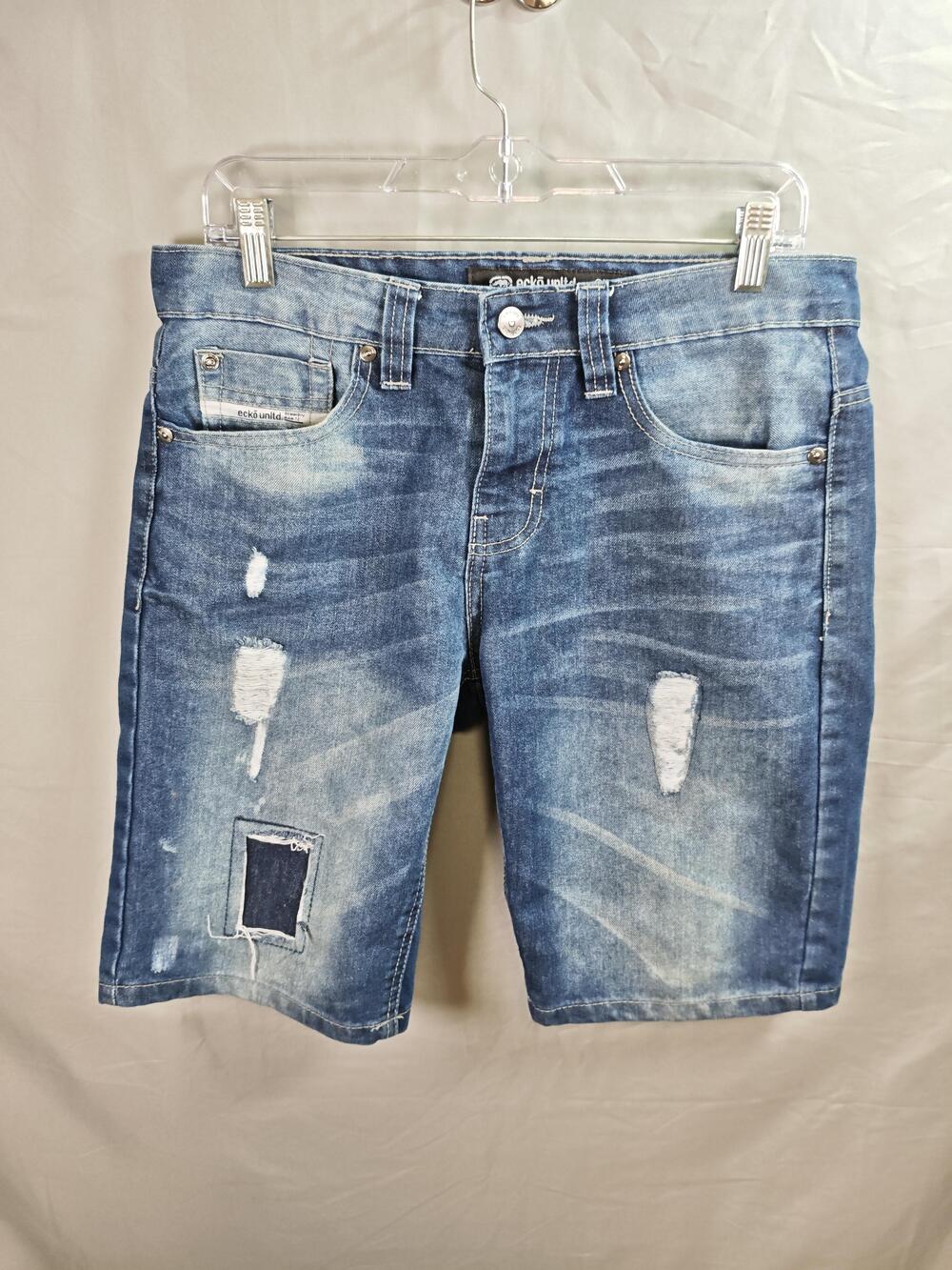 Ecko Unltd Shorts Mens 30 Blue Distressed Denim Rawthentic Patchwork Ripped